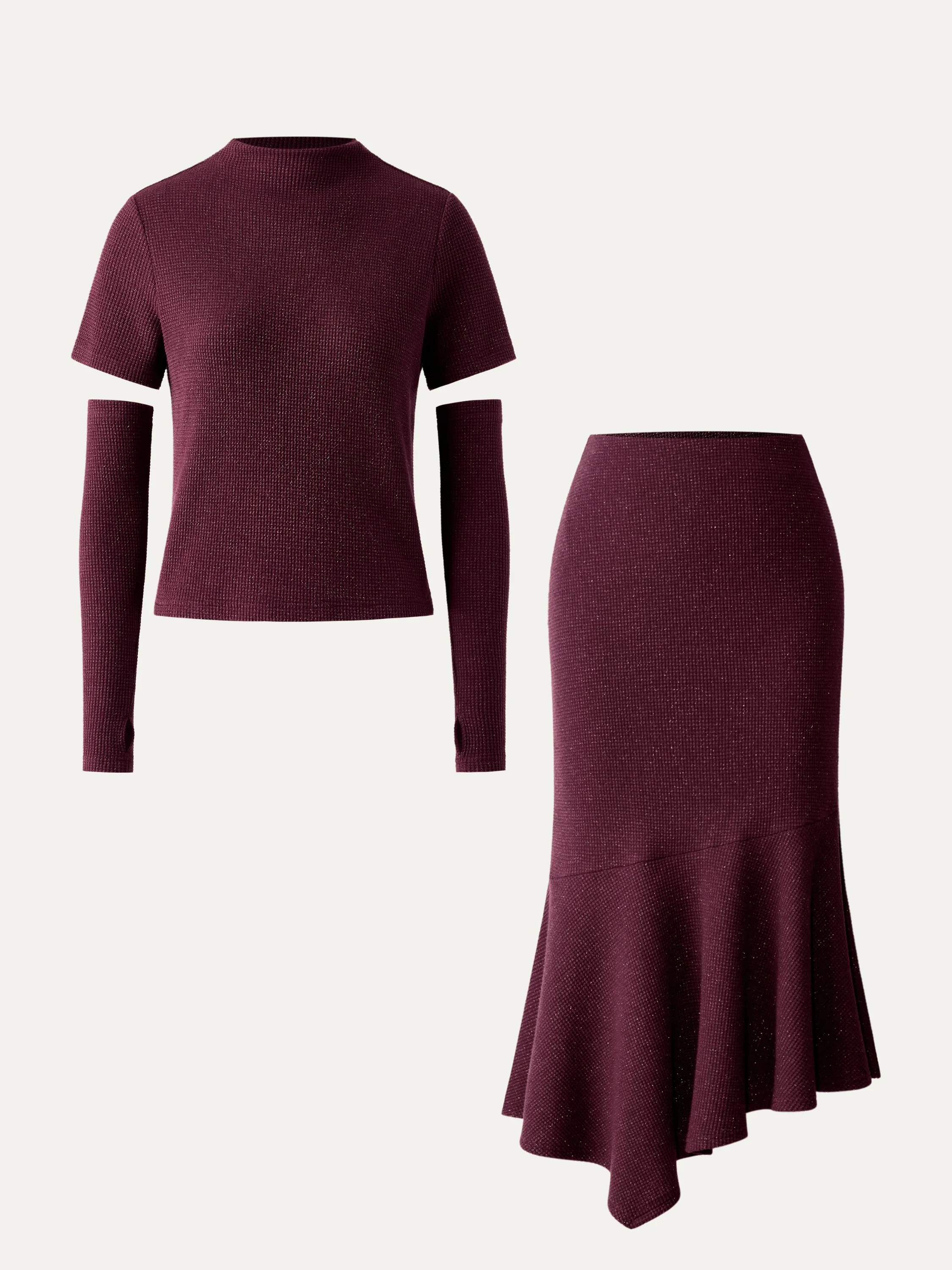 2Pcs Set Tinsel-Infused Knit Top & Asymmetrical Hem Midi Fishtail Skirt