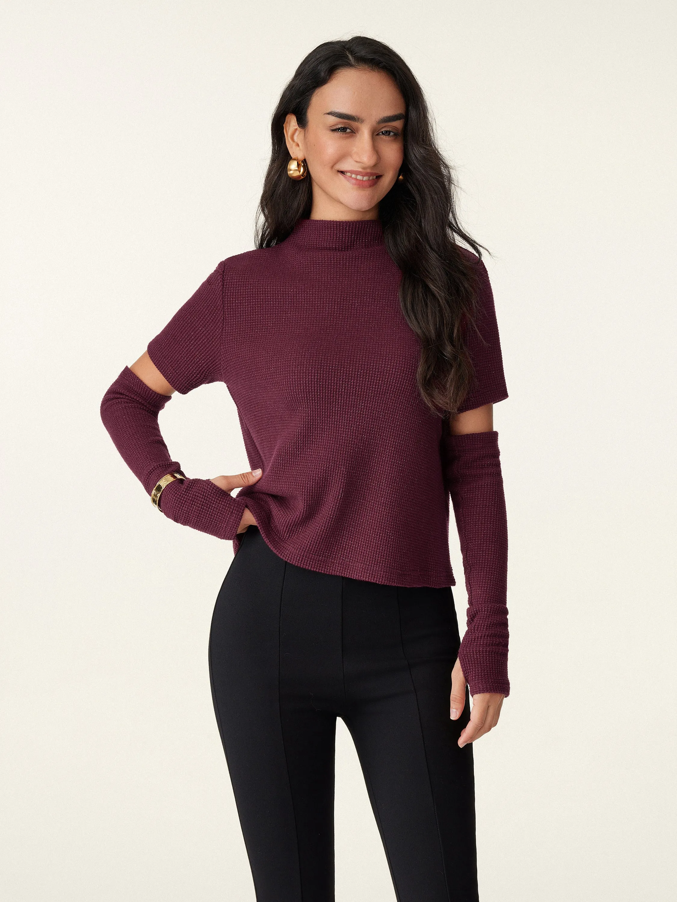 2Pcs Set Tinsel-Infused Knit Top & Asymmetrical Hem Midi Fishtail Skirt