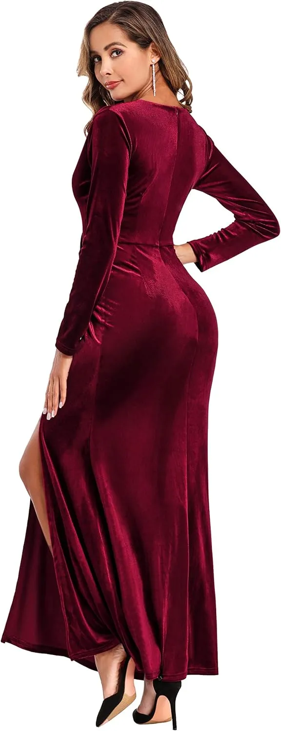 Ababalaya Long Sleeve Wrap Velvet Long Formal Dresses Cocktail Dress