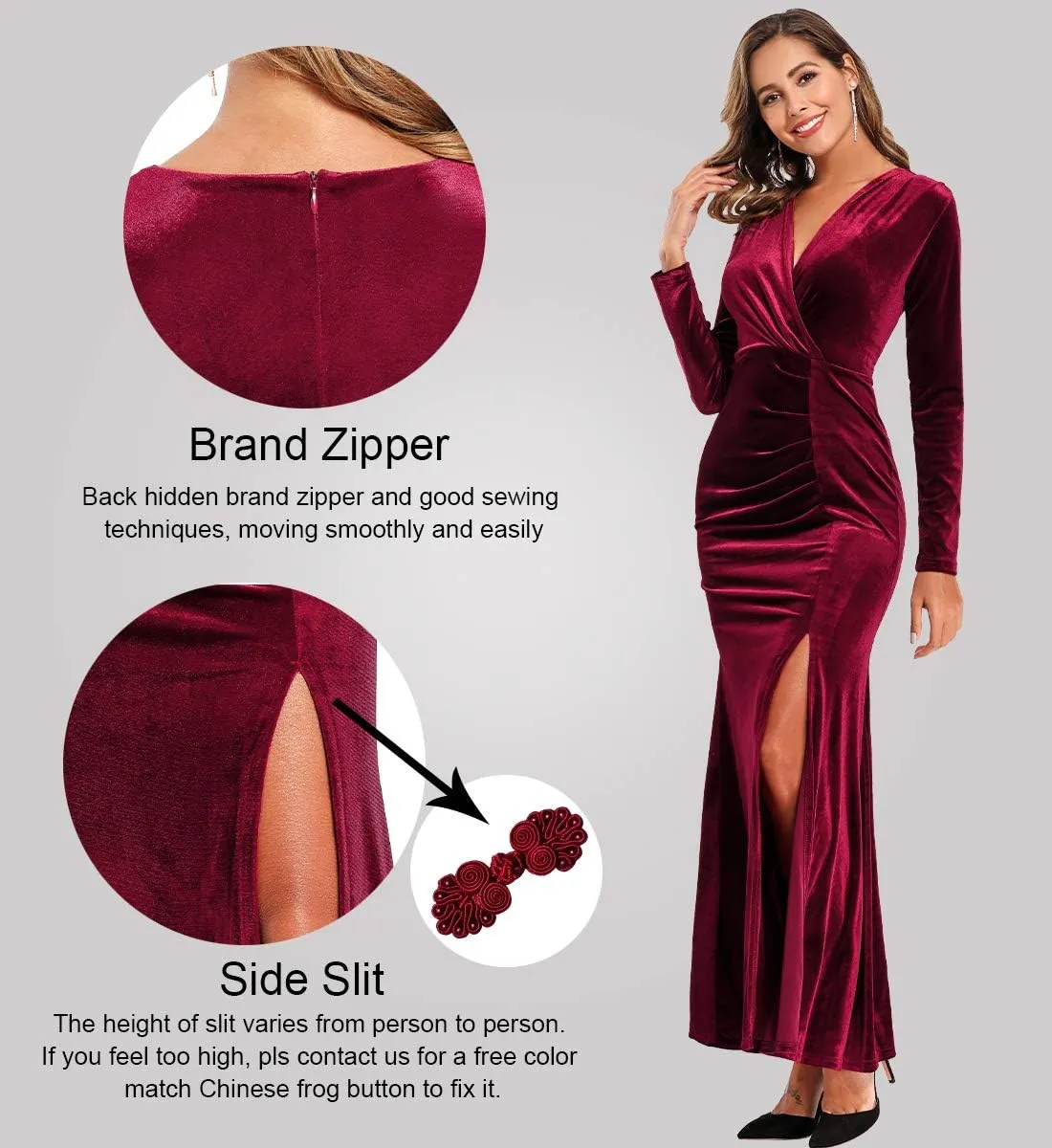 Ababalaya Long Sleeve Wrap Velvet Long Formal Dresses Cocktail Dress