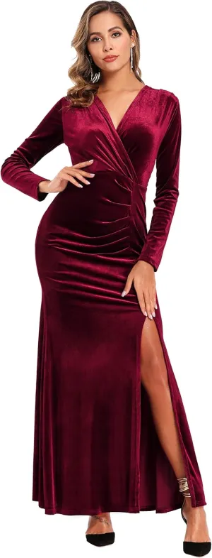 Ababalaya Long Sleeve Wrap Velvet Long Formal Dresses Cocktail Dress