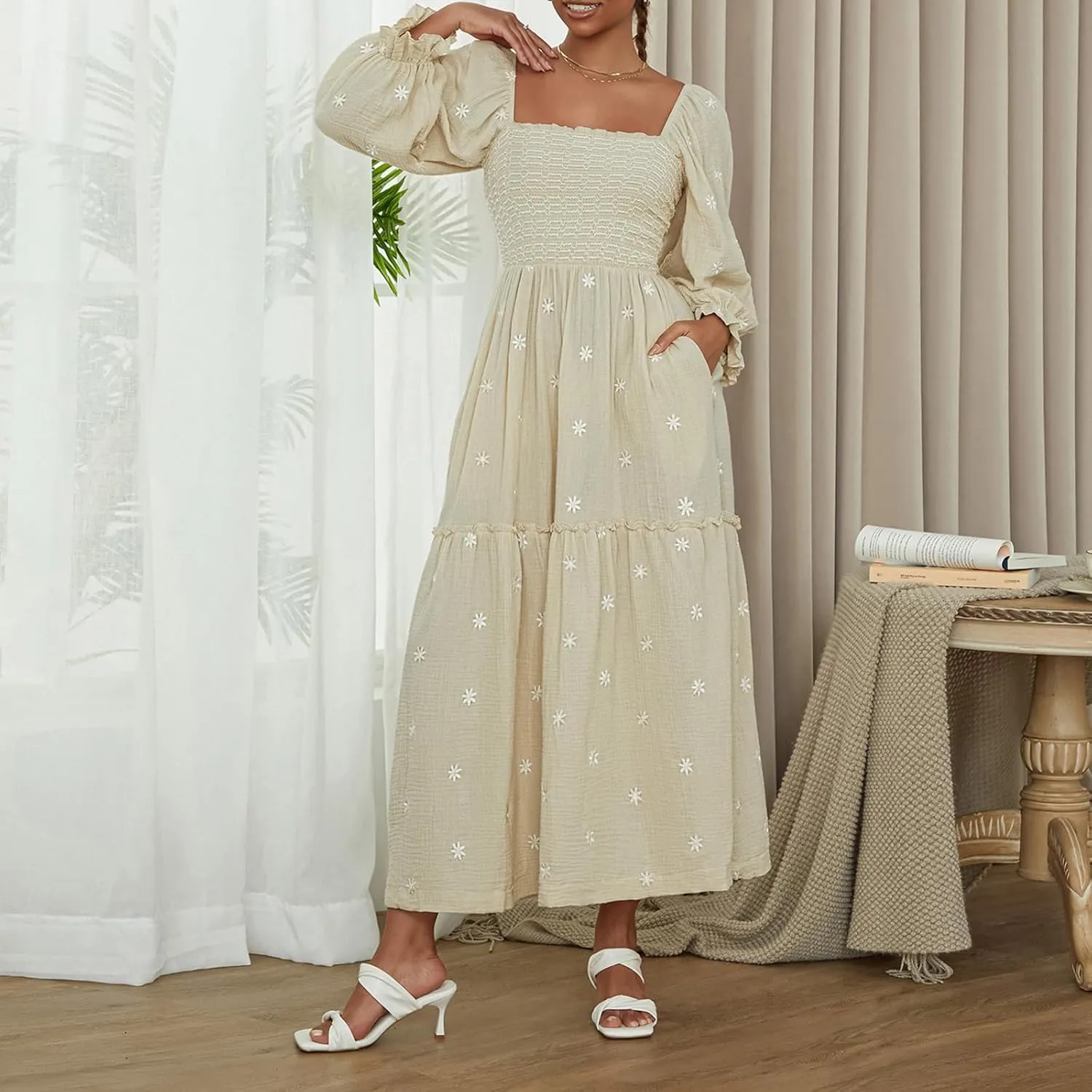 Argeousgor Women 2025 Bohemian Floral Dress Square Neck Ruffle Swing A Line Maxi Dress Long Sleeve Beach Long Dress