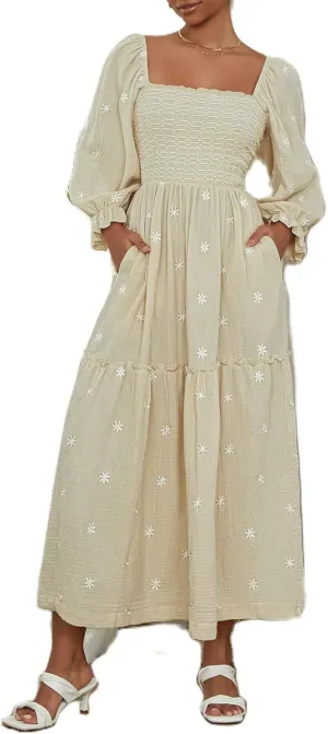 Argeousgor Women 2025 Bohemian Floral Dress Square Neck Ruffle Swing A Line Maxi Dress Long Sleeve Beach Long Dress