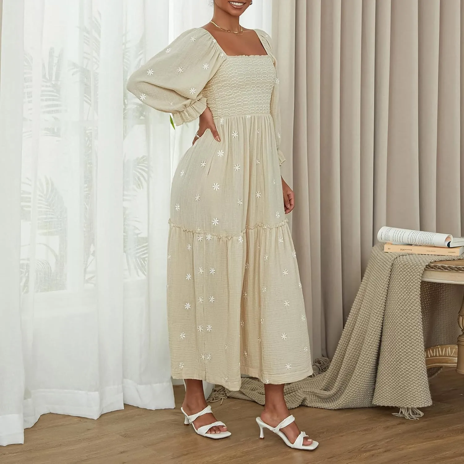 Argeousgor Women 2025 Bohemian Floral Dress Square Neck Ruffle Swing A Line Maxi Dress Long Sleeve Beach Long Dress