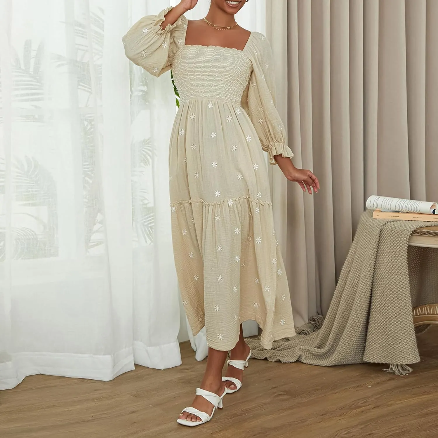 Argeousgor Women 2025 Bohemian Floral Dress Square Neck Ruffle Swing A Line Maxi Dress Long Sleeve Beach Long Dress