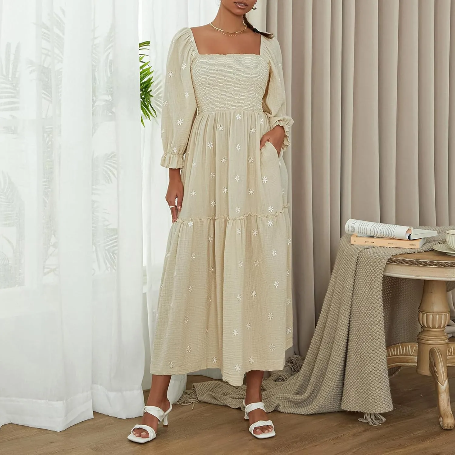 Argeousgor Women 2025 Bohemian Floral Dress Square Neck Ruffle Swing A Line Maxi Dress Long Sleeve Beach Long Dress