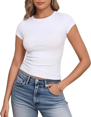 Artfish Women's Short Sleeve Shirts Crewneck Cropped Workout Slim Fitted Ribbed Casual Basic T-Shirts