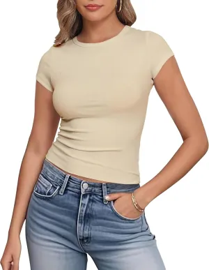 Artfish Women's Short Sleeve Shirts Crewneck Cropped Workout Slim Fitted Ribbed Casual Basic T-Shirts