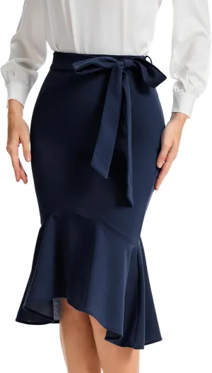 Bbonlinedress Womens Midi Pencil Skirt Fishtail Work Office Church Bodycon High Waist Mermaid Skirts with Bow Tie Belt
