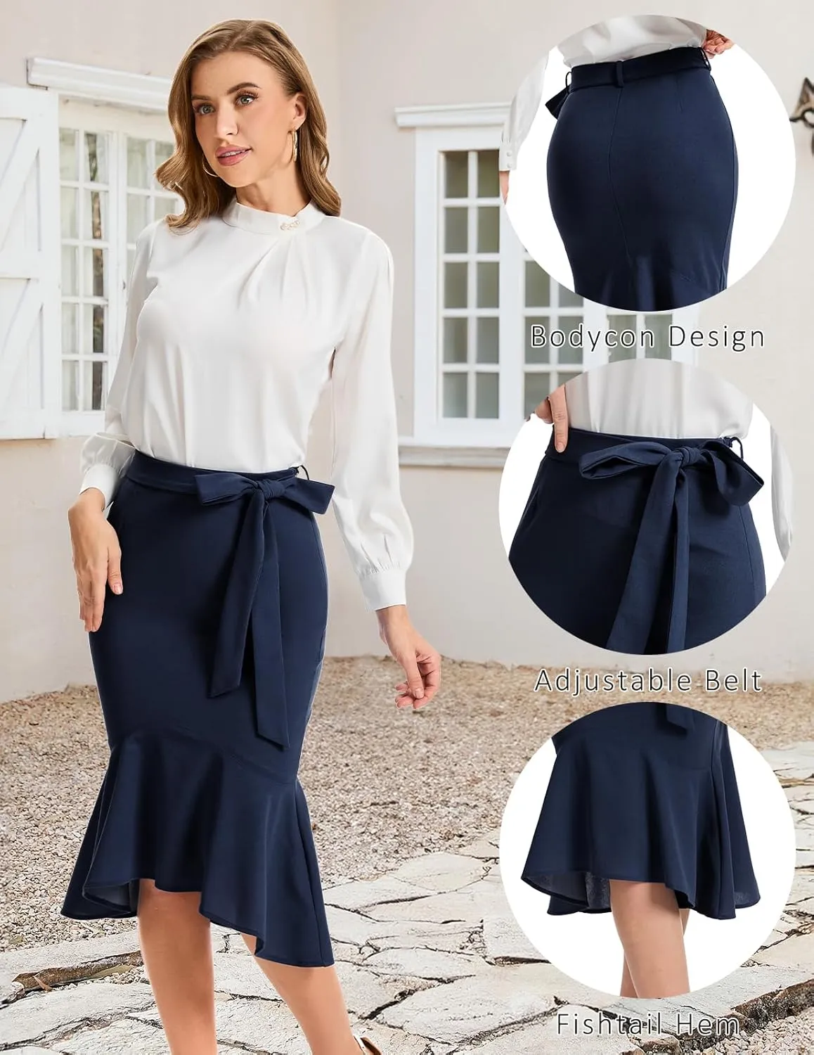 Bbonlinedress Womens Midi Pencil Skirt Fishtail Work Office Church Bodycon High Waist Mermaid Skirts with Bow Tie Belt