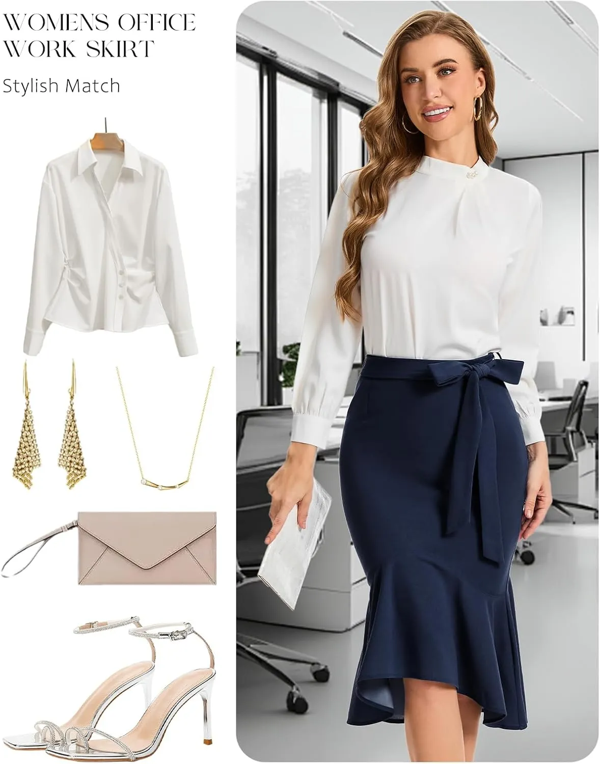 Bbonlinedress Womens Midi Pencil Skirt Fishtail Work Office Church Bodycon High Waist Mermaid Skirts with Bow Tie Belt