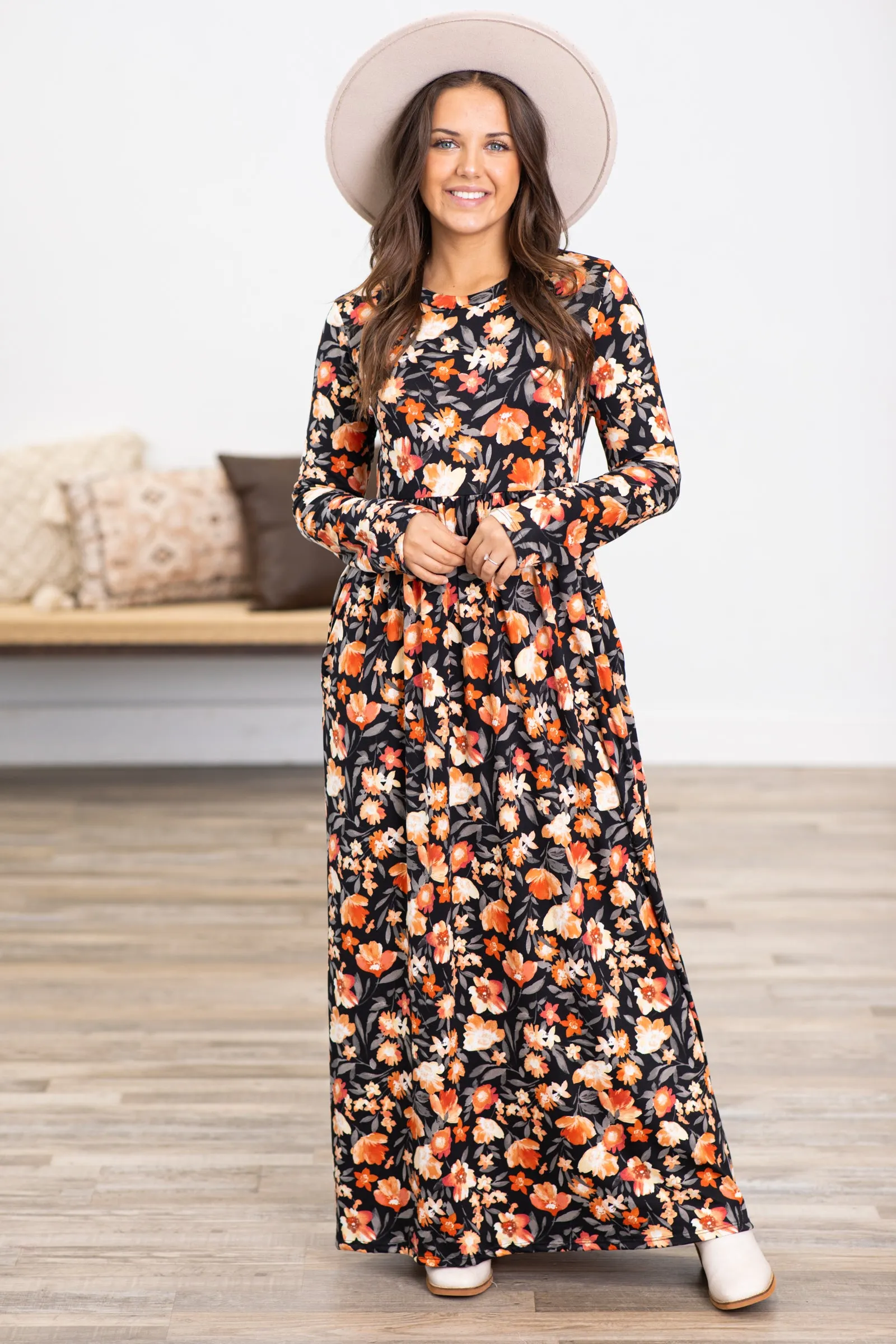Black and Orange Floral Long Sleeve Maxi Dress
