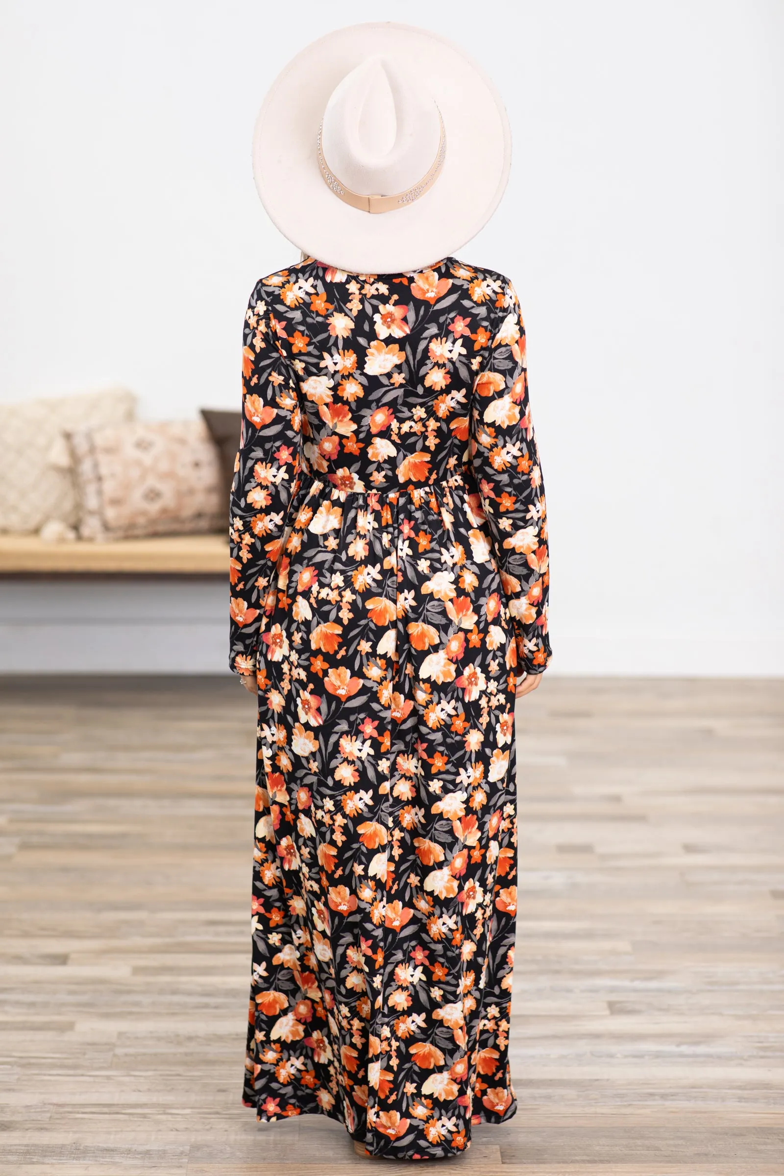 Black and Orange Floral Long Sleeve Maxi Dress