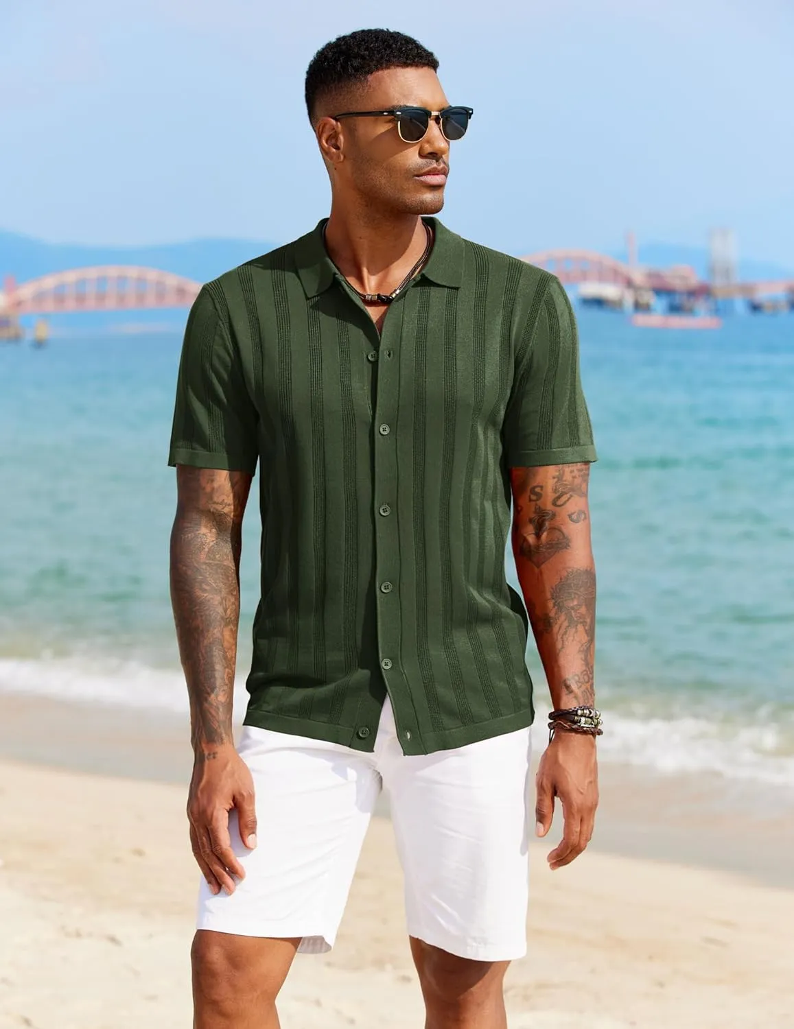 COOFANDY Men's Knit Polo Shirt Vintage Button Down Shirt Short Sleeve Hawaiian Shirt 2025 Summer Fashion Beach Shirts
