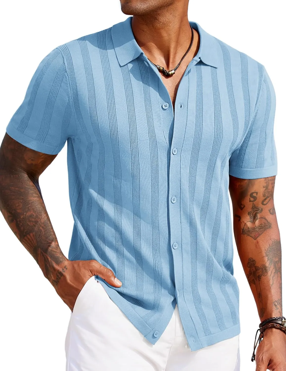 COOFANDY Men's Knit Polo Shirt Vintage Button Down Shirt Short Sleeve Hawaiian Shirt 2025 Summer Fashion Beach Shirts