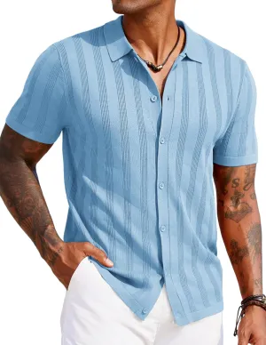 COOFANDY Men's Knit Polo Shirt Vintage Button Down Shirt Short Sleeve Hawaiian Shirt 2025 Summer Fashion Beach Shirts