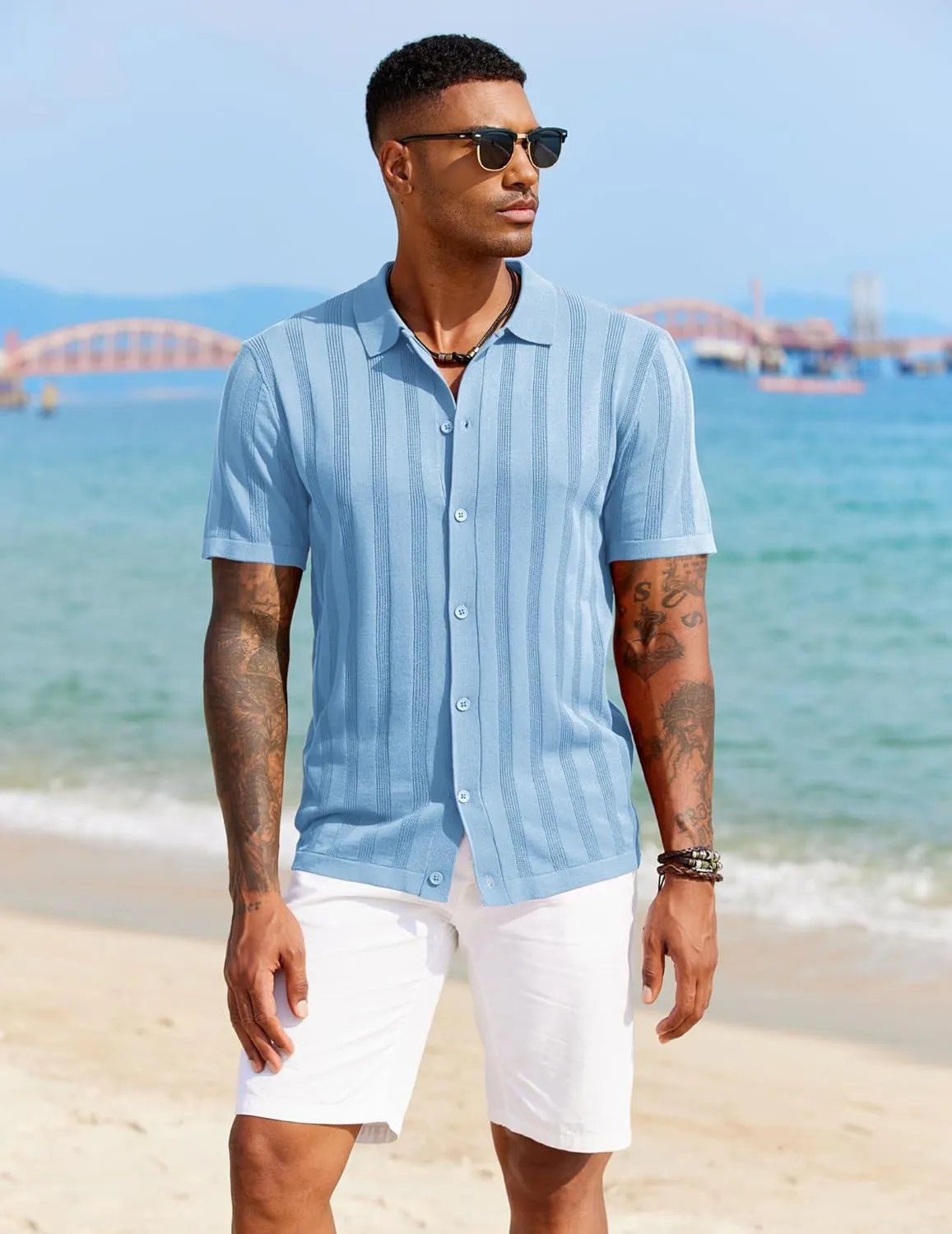 COOFANDY Men's Knit Polo Shirt Vintage Button Down Shirt Short Sleeve Hawaiian Shirt 2025 Summer Fashion Beach Shirts