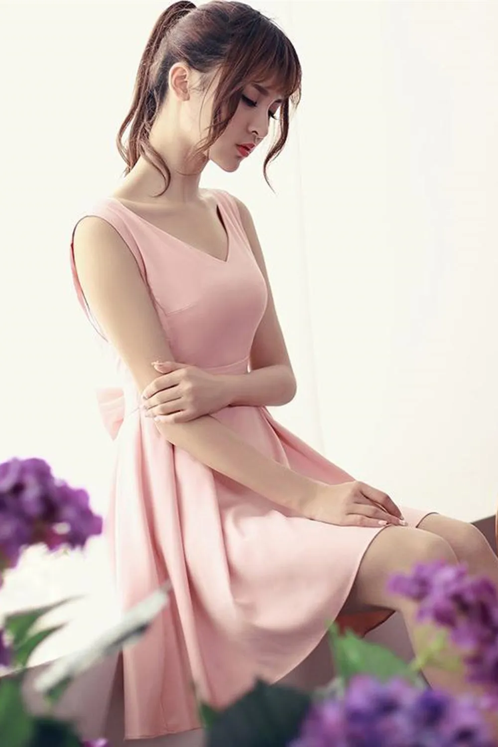 Cute V Neck Open Back Pink Satin Short Prom Homecoming Dress, V Neck Pink Formal Graduation Evening Dress