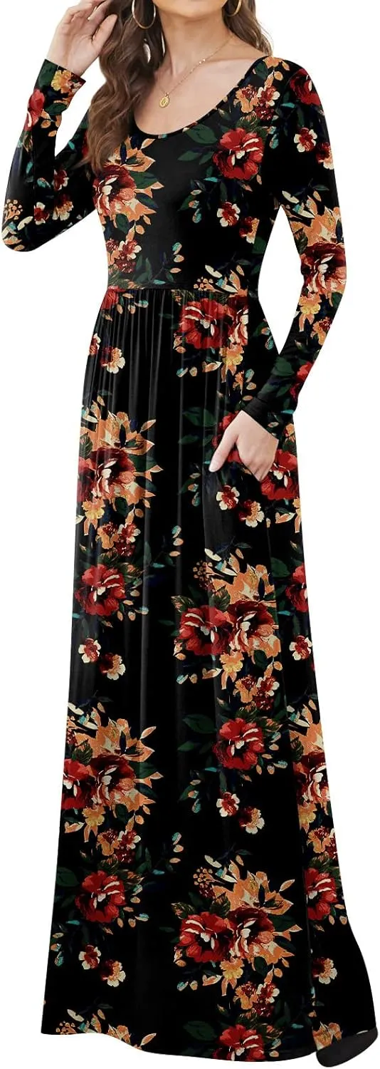 DB MOON Women Casual Long Sleeve Maxi Dresses Empire Waist Long Dress with Pockets