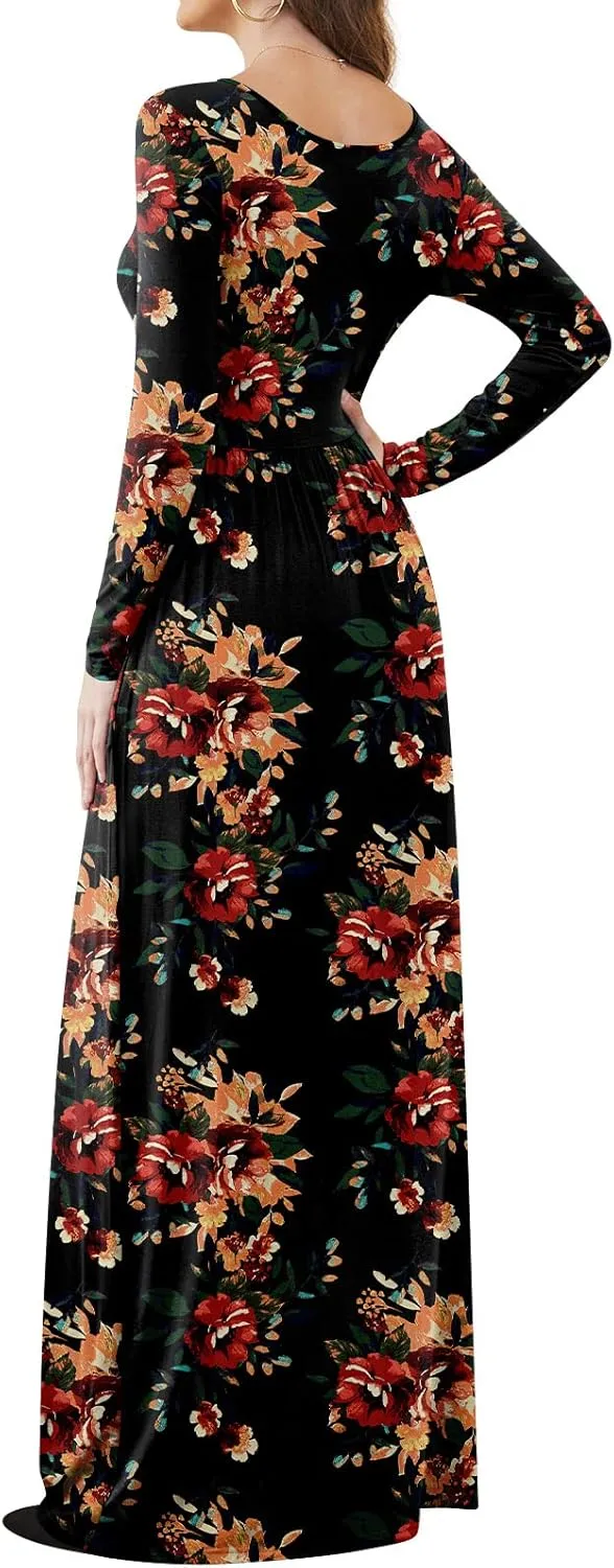 DB MOON Women Casual Long Sleeve Maxi Dresses Empire Waist Long Dress with Pockets
