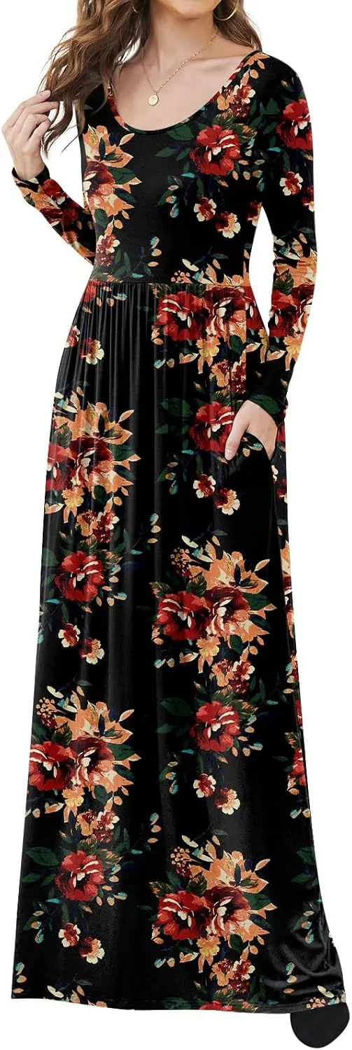 DB MOON Women Casual Long Sleeve Maxi Dresses Empire Waist Long Dress with Pockets