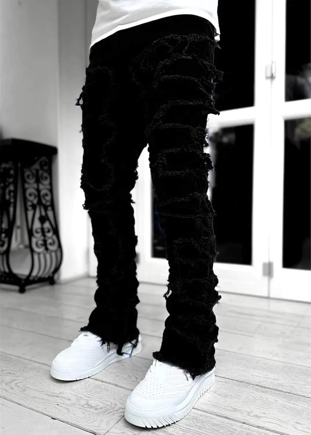 FantasyGears Mens Stacked Ripped Jeans Y2k Distressed Denim Pants Skinny Slim Fit Stretch Biker Jeans