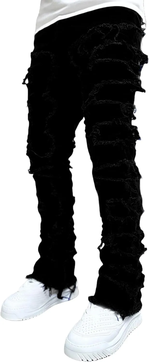 FantasyGears Mens Stacked Ripped Jeans Y2k Distressed Denim Pants Skinny Slim Fit Stretch Biker Jeans