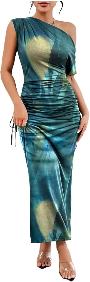 Floerns Women's Asymmetrical Neck Short Sleeve Ruched Fishtail Hem Party Long Dress