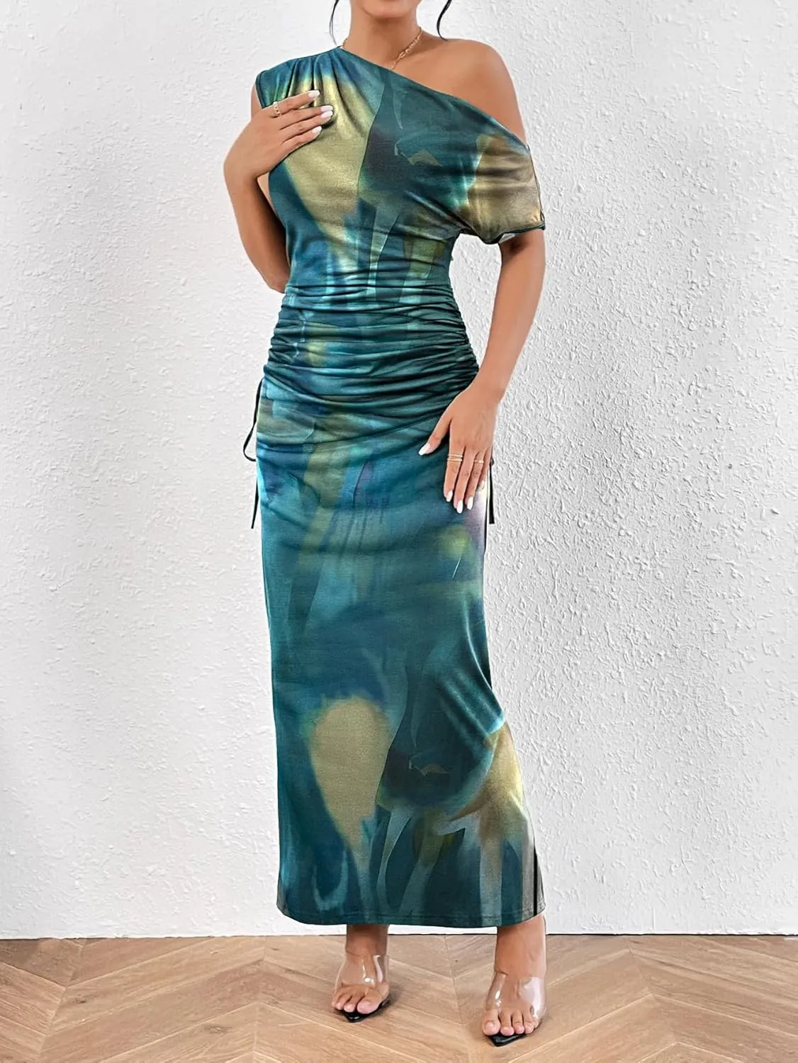 Floerns Women's Asymmetrical Neck Short Sleeve Ruched Fishtail Hem Party Long Dress