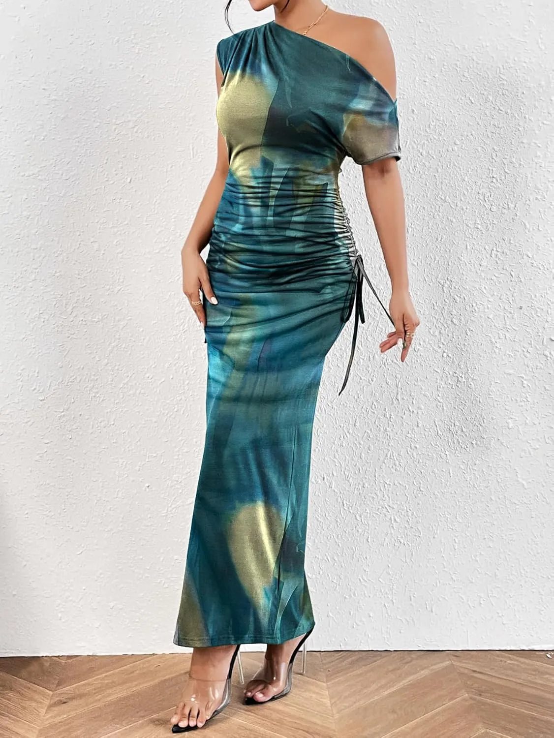 Floerns Women's Asymmetrical Neck Short Sleeve Ruched Fishtail Hem Party Long Dress