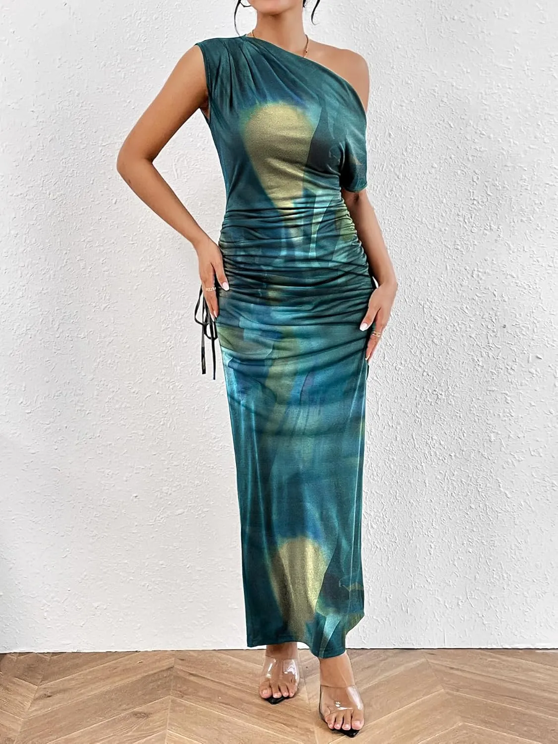 Floerns Women's Asymmetrical Neck Short Sleeve Ruched Fishtail Hem Party Long Dress