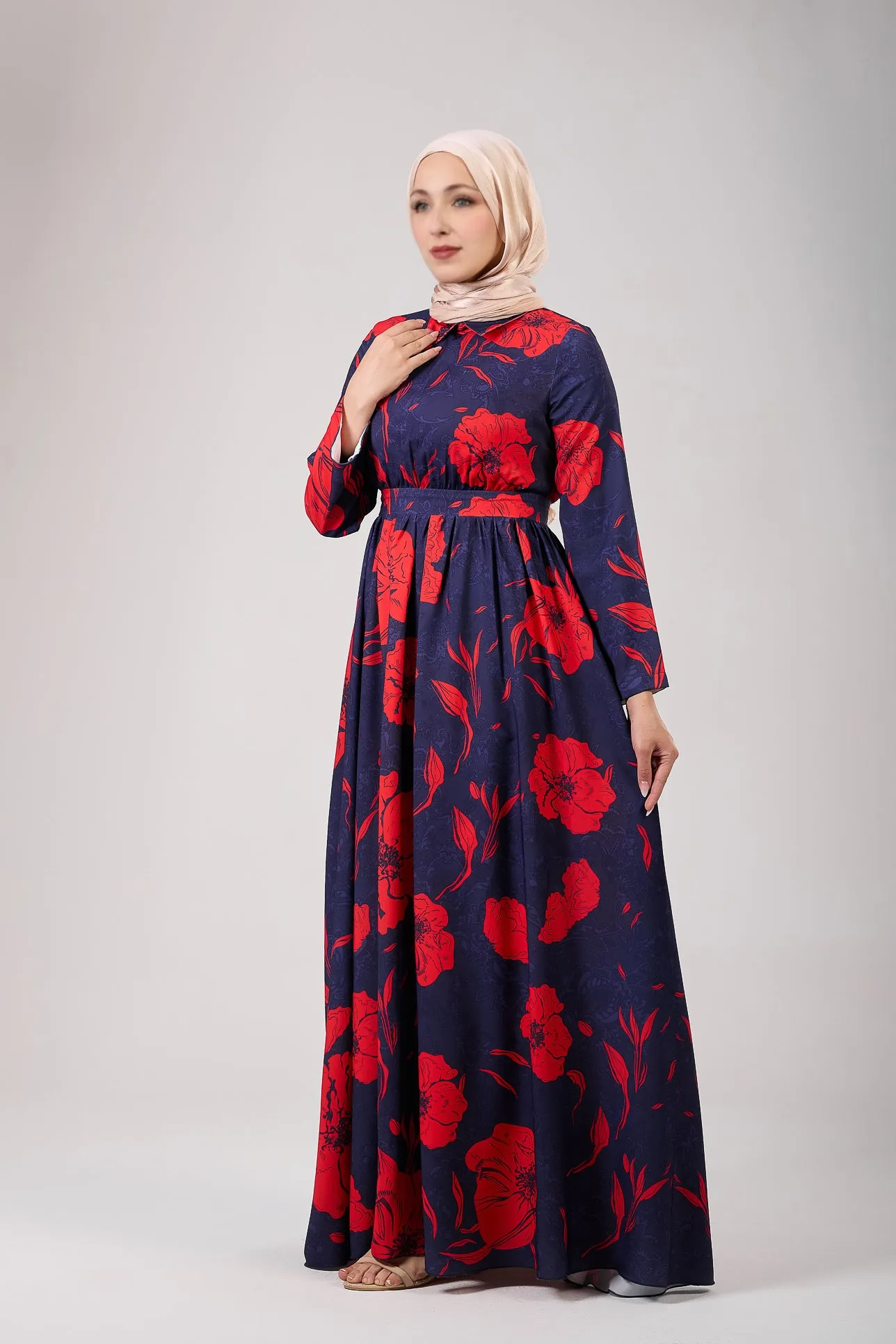 Ghufran Satin Floral Elegance Modesty Maxi Dress with Long Sleeves
