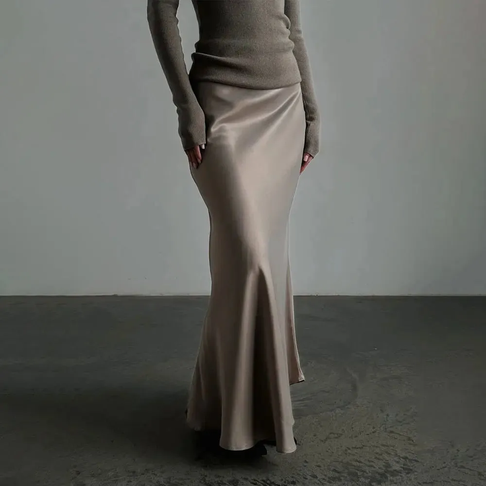 Girlary Satin Bread Hip Fishtail Skirt 2024 New Product Spring Women's High Waist Long Sardine Light Luxury Floor Slim Wrap Hip Skirt