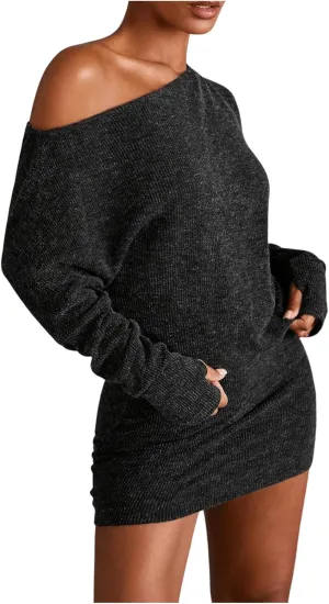 GORGLITTER Women's Off The Shoulder Sweater Dress Long Sleeve Asymmetrical Bodycon Mini Dresses