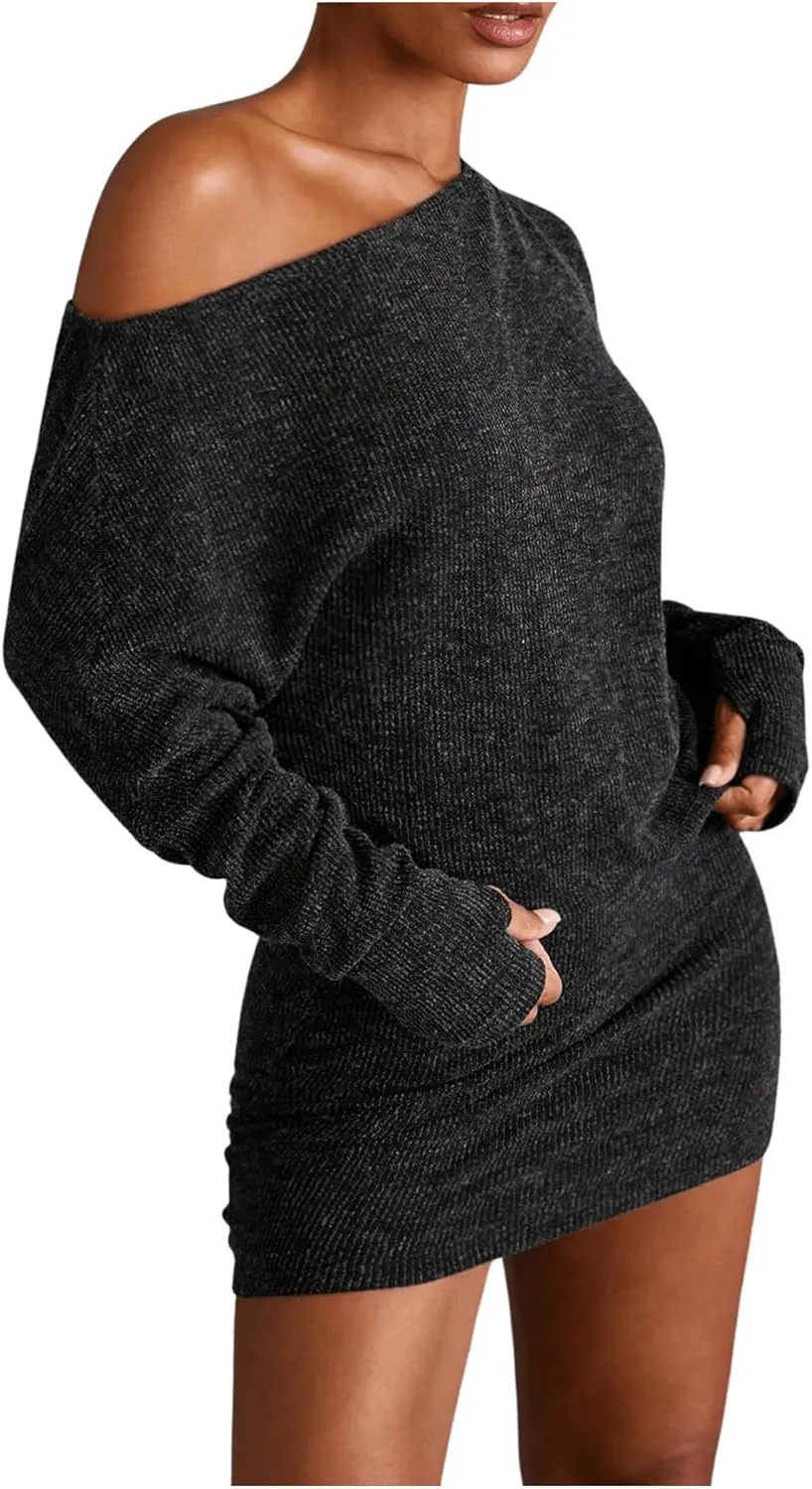 GORGLITTER Women's Off The Shoulder Sweater Dress Long Sleeve Asymmetrical Bodycon Mini Dresses