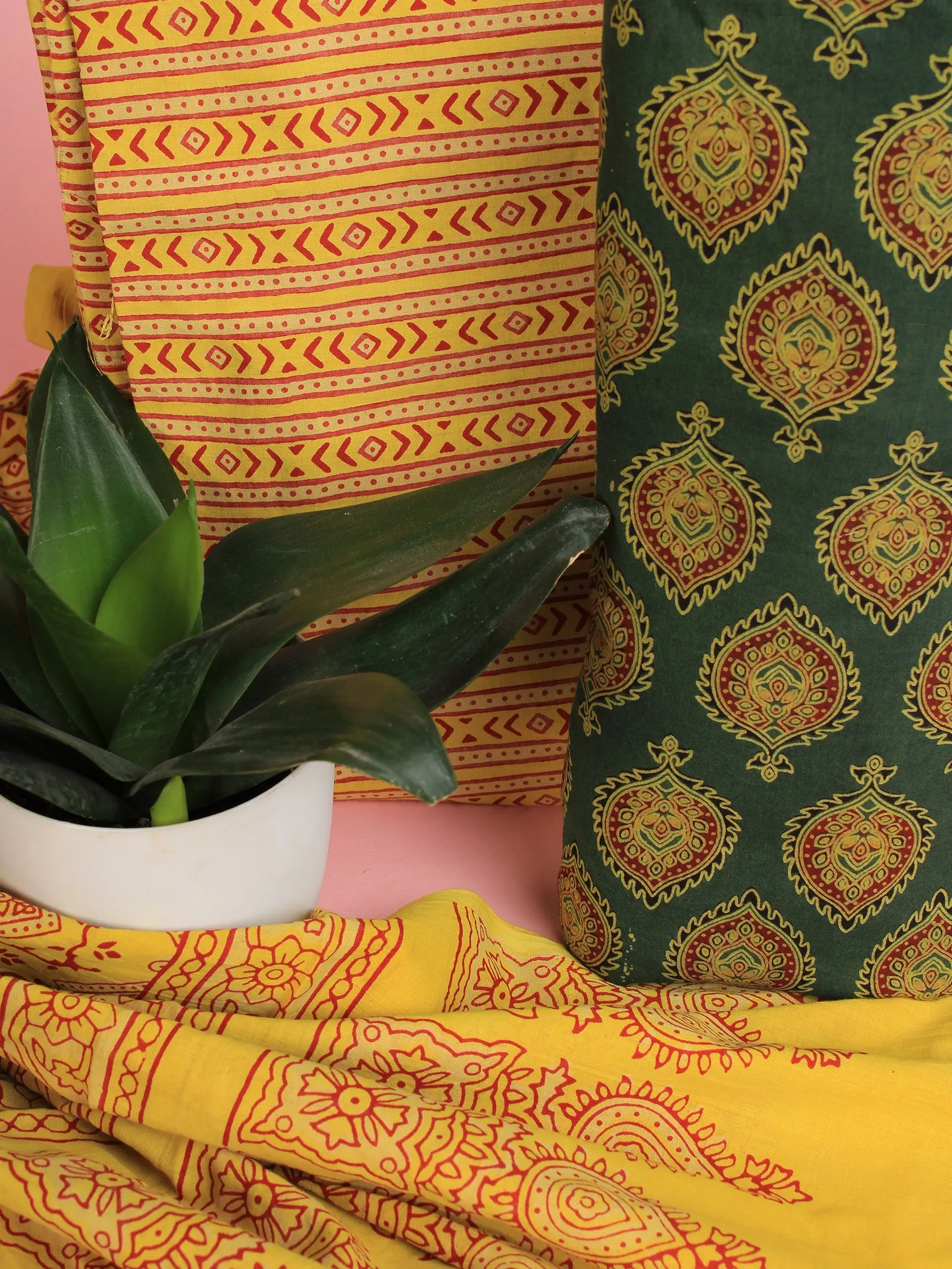 Green Maroon Yellow Ajrakh Hand Block Printed Suit Set (Set of 3) - SU01HB451
