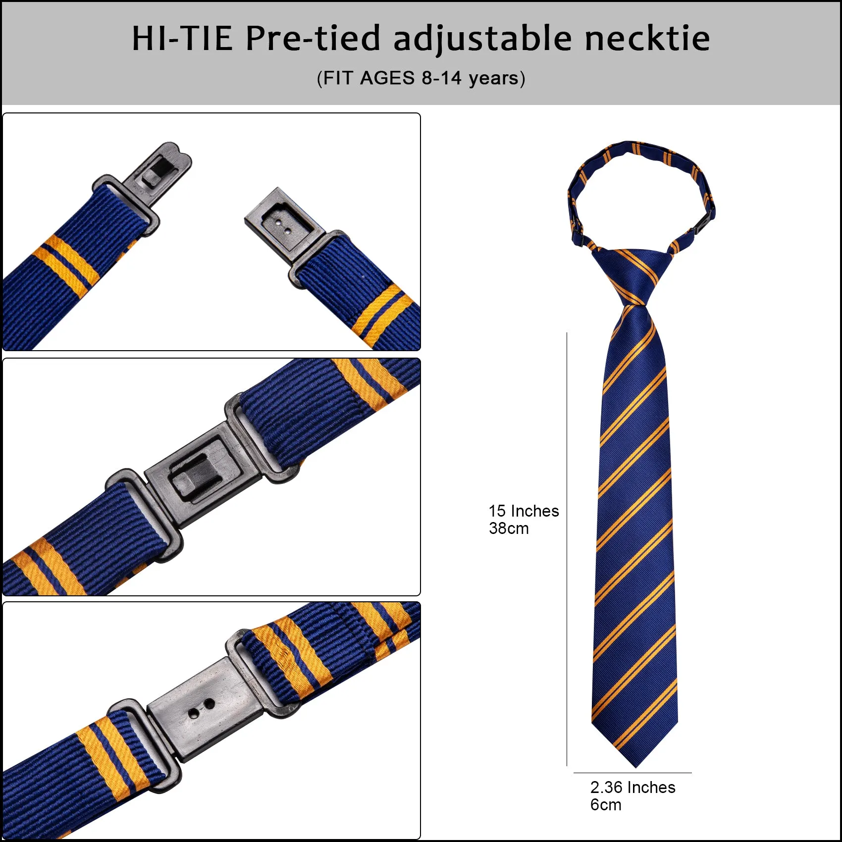 Hi-Tie Blue Yellow Striped Pre-tied Adjustable Tie Pocket Square