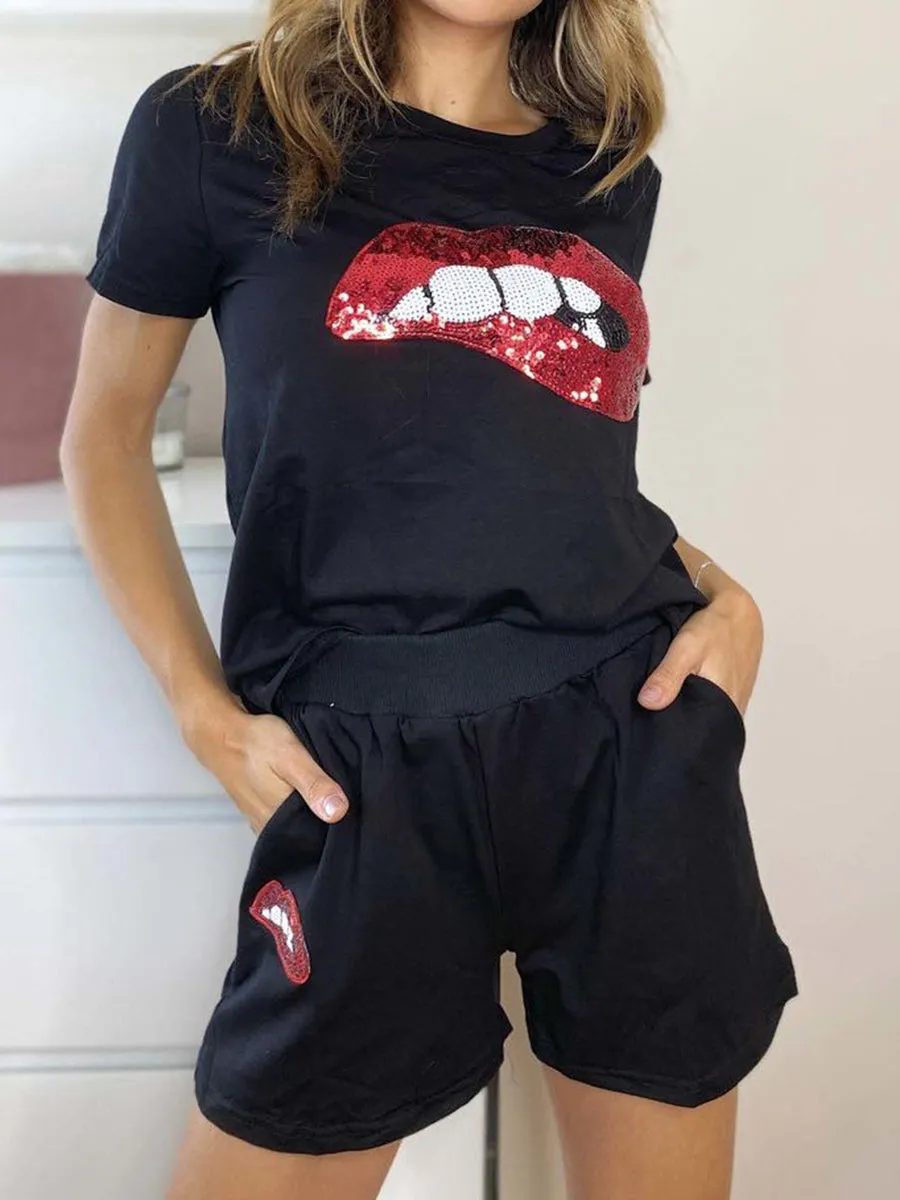 Lip Print Round Neck Short Sleeve Top Shorts Suit