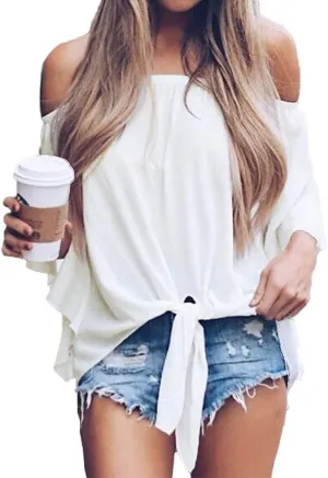 LuckyMore Off The Shoulder Tops Women Summer 3/4 Bell Sleeve Tie Knot Boho Shirt Blouses