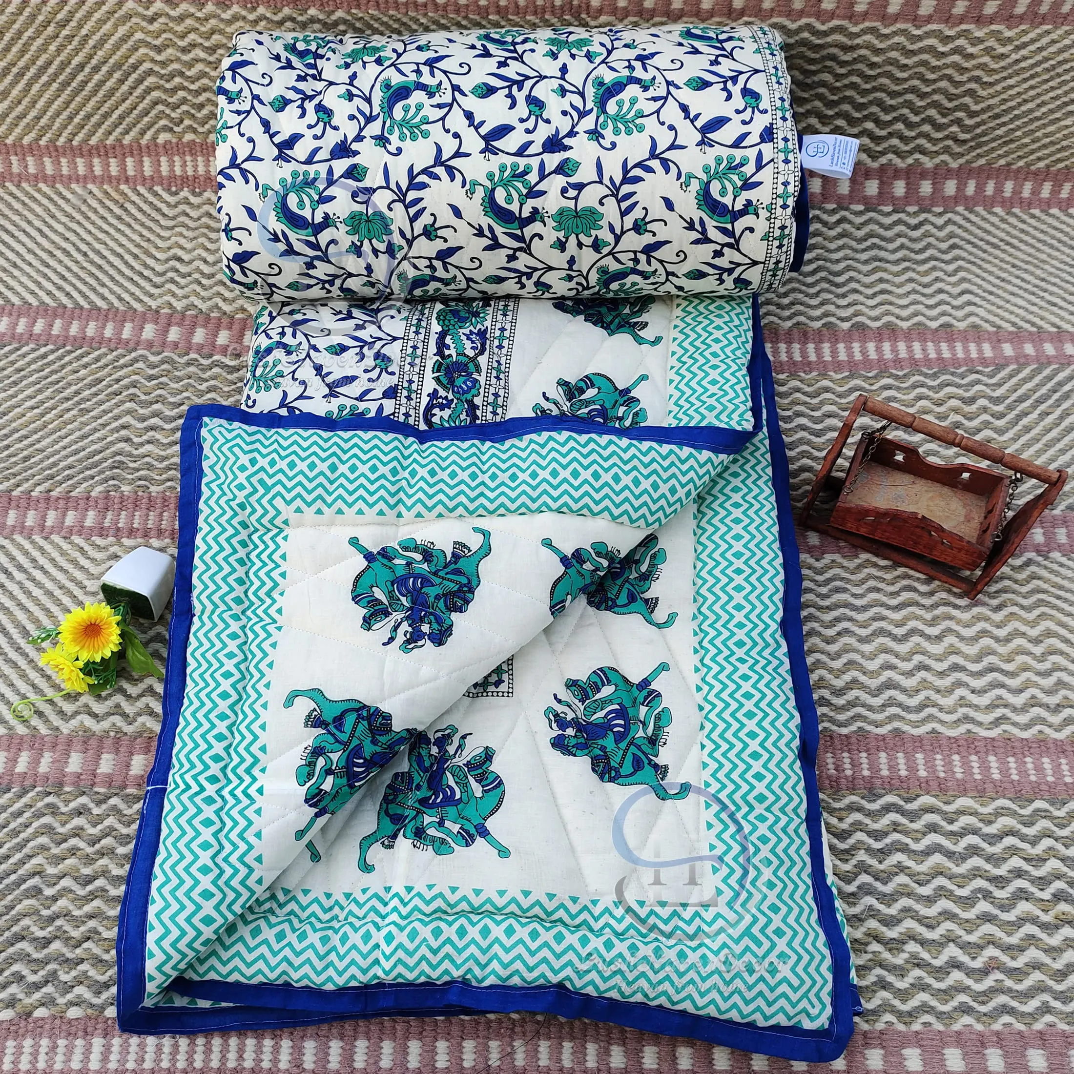 LushHavenDecor Rajasthani Traditional Cotton and Microfiber Jaipuri razai ac Blanket Blue Camel Animal Print with Floral Design Single Bed (Both Sided) Jaipuri Quilt 55 x 85 inch - Blue