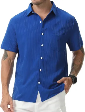 Mens Casual Short Sleeve Shirt Relaxed Button Down Summer Vacation Beach Textured Lightweight Wrinkle Free Shirt