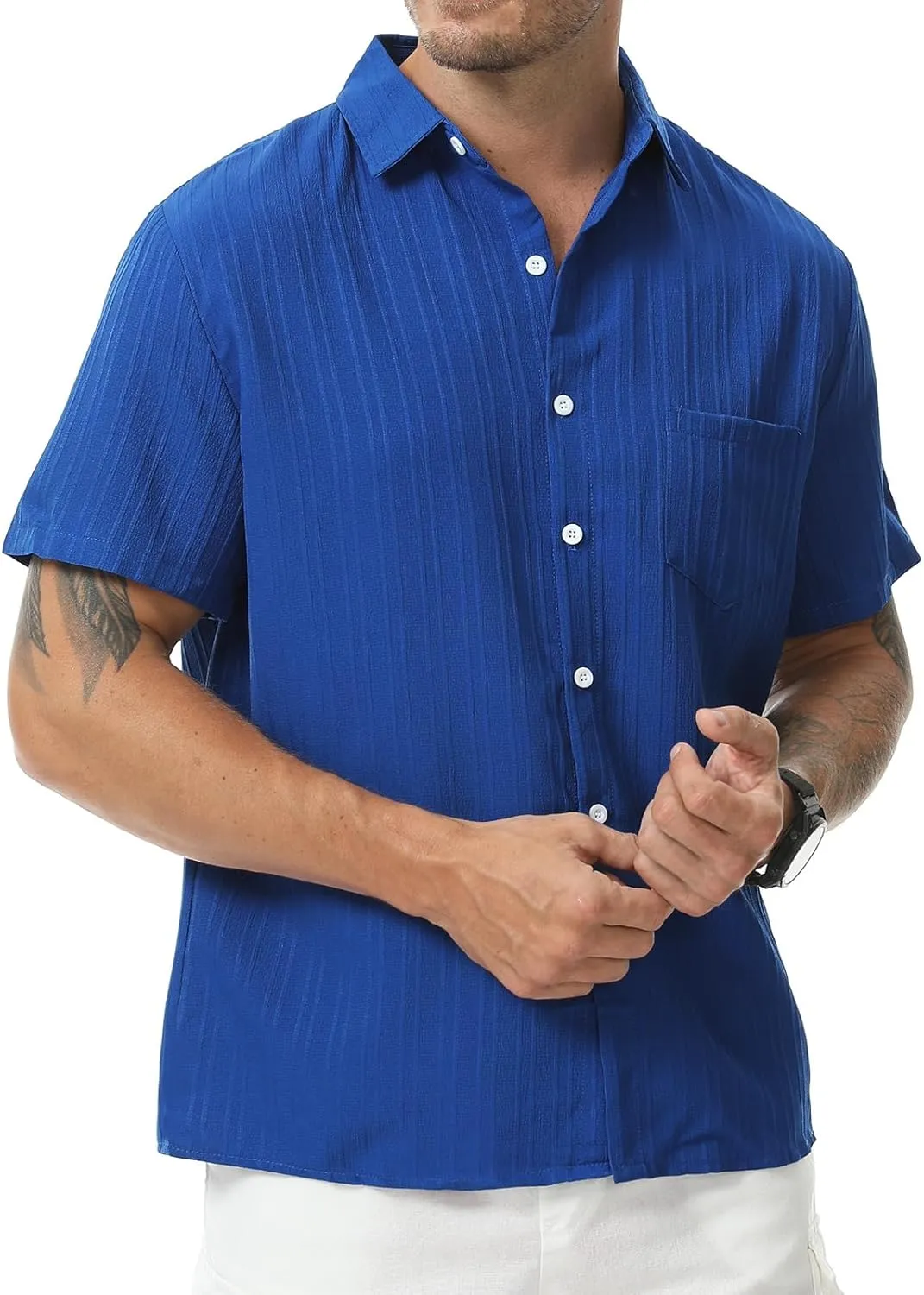 Mens Casual Short Sleeve Shirt Relaxed Button Down Summer Vacation Beach Textured Lightweight Wrinkle Free Shirt