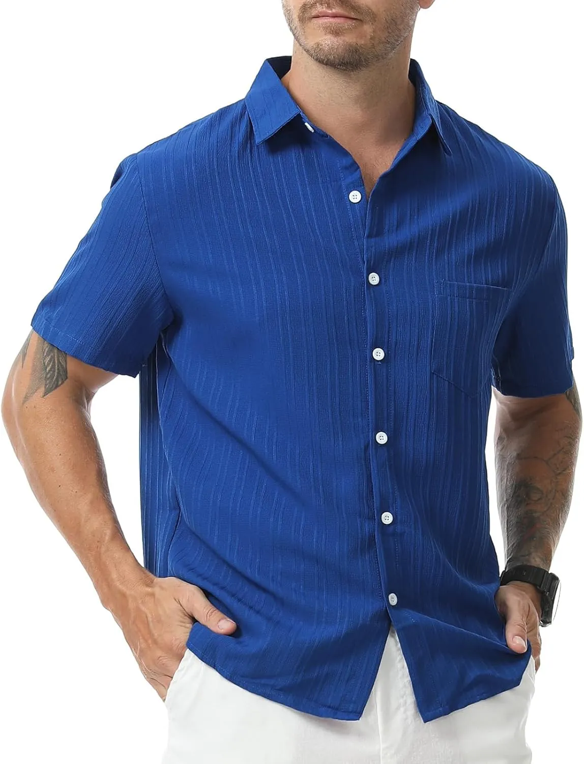 Mens Casual Short Sleeve Shirt Relaxed Button Down Summer Vacation Beach Textured Lightweight Wrinkle Free Shirt
