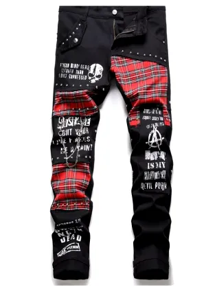 Men's Patchwork Jeans - Men's Punk Patchwork Stretch Street Slim Fit Holes Denim Cotton Jeans