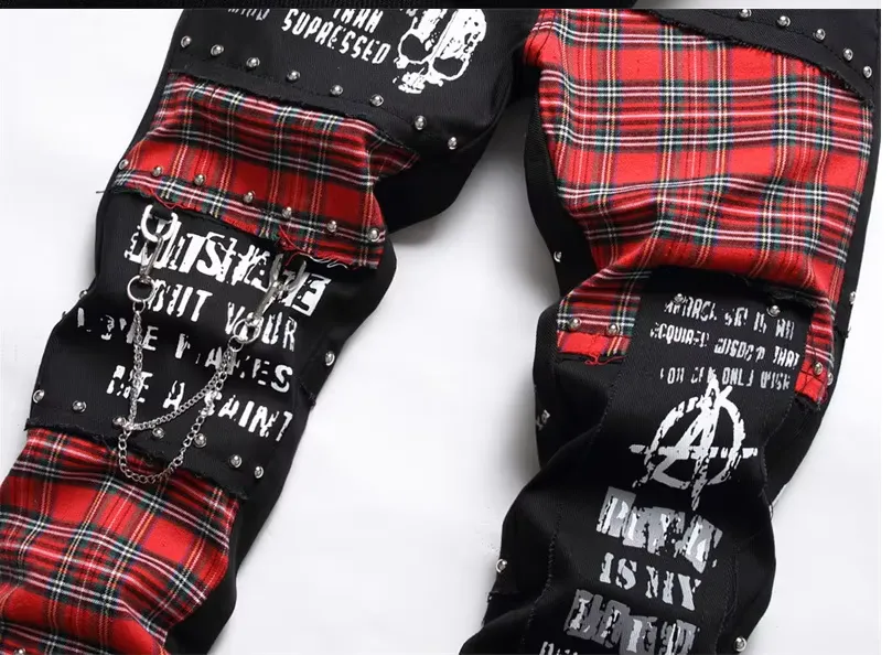 Men's Patchwork Jeans - Men's Punk Patchwork Stretch Street Slim Fit Holes Denim Cotton Jeans