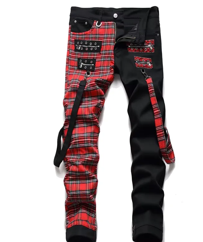 Men's Patchwork Jeans - Men's Punk Patchwork Stretch Street Slim Fit Holes Denim Cotton Jeans