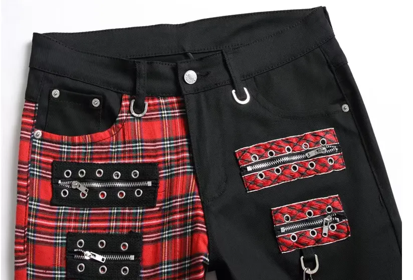 Men's Patchwork Jeans - Men's Punk Patchwork Stretch Street Slim Fit Holes Denim Cotton Jeans