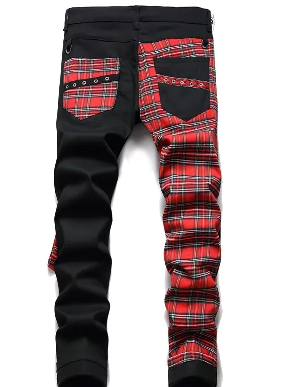 Men's Patchwork Jeans - Men's Punk Patchwork Stretch Street Slim Fit Holes Denim Cotton Jeans