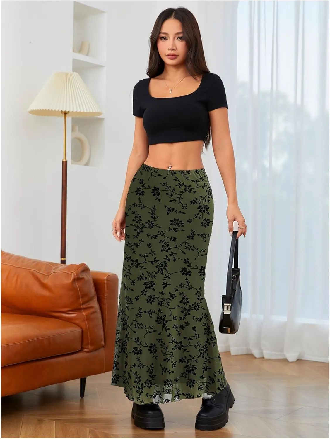 Milumia Women's Floral Print Mesh Long Skirt Low Waisted Y2k Flare Hem Fishtail Skirts