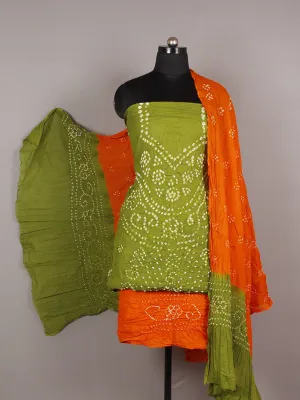 Olive Green Orange White Hand Tie & Dye Bandhej Suit Salwar Dupatta (Set of 3)  - S16281271